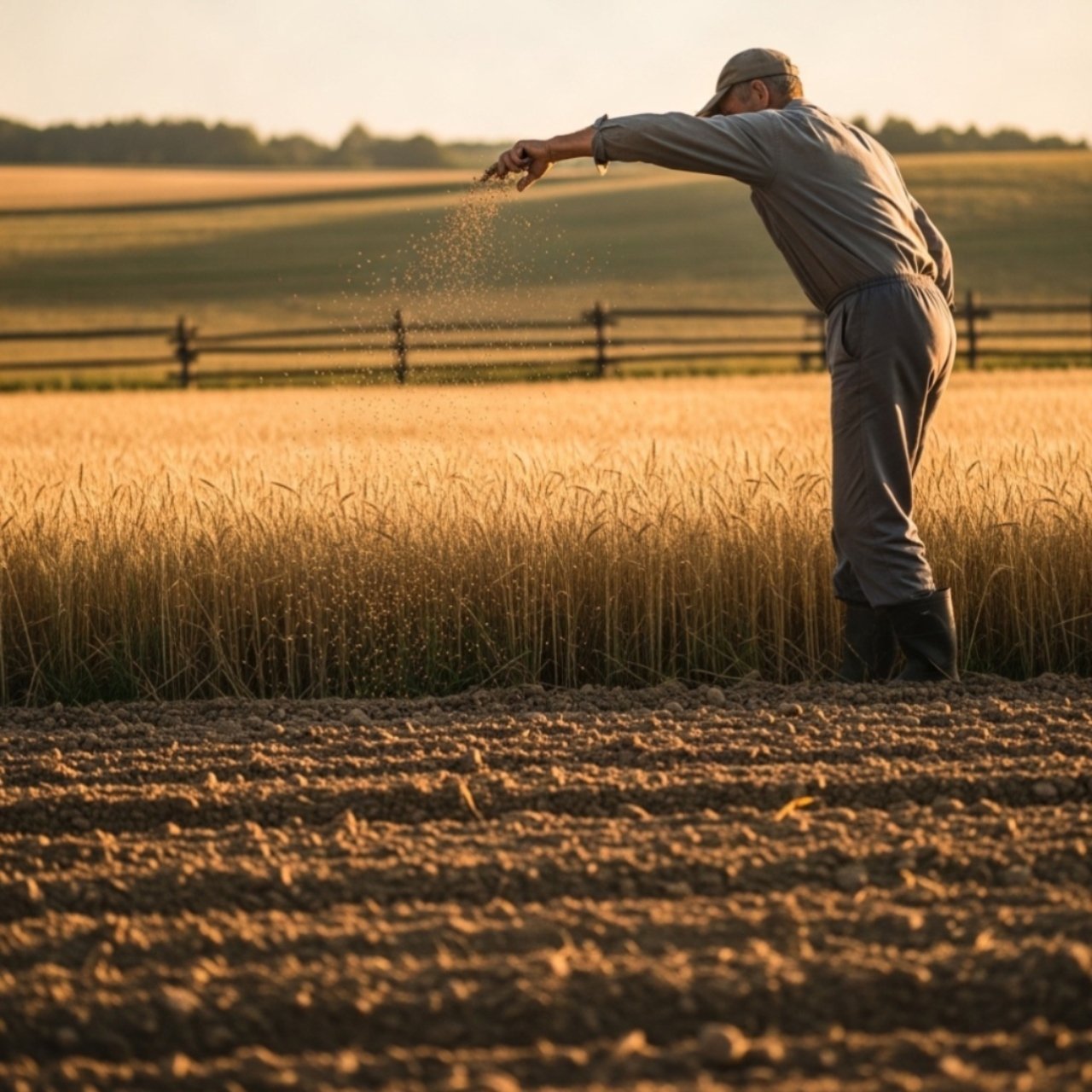 A farmer in simple work clothes standing in a golden wheat field at sunrise, captured mid-motion as they broadcast seeds by hand with a sweeping arm gesture. Seeds are visible in the air catching the warm morning light as they scatter across freshly prepared brown soil. The background shows rolling farmland with a rustic wooden fence. Photorealistic style, warm natural lighting, shallow depth of field focusing on the farmer and falling seeds. Agricultural, traditional farming aesthetic. simbramento